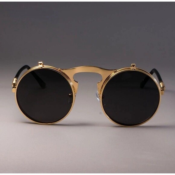 Vintage Steampunk Flip Sunglasses Retro Round Metal Sun Glasses for Men Women - Picture 2 of 6